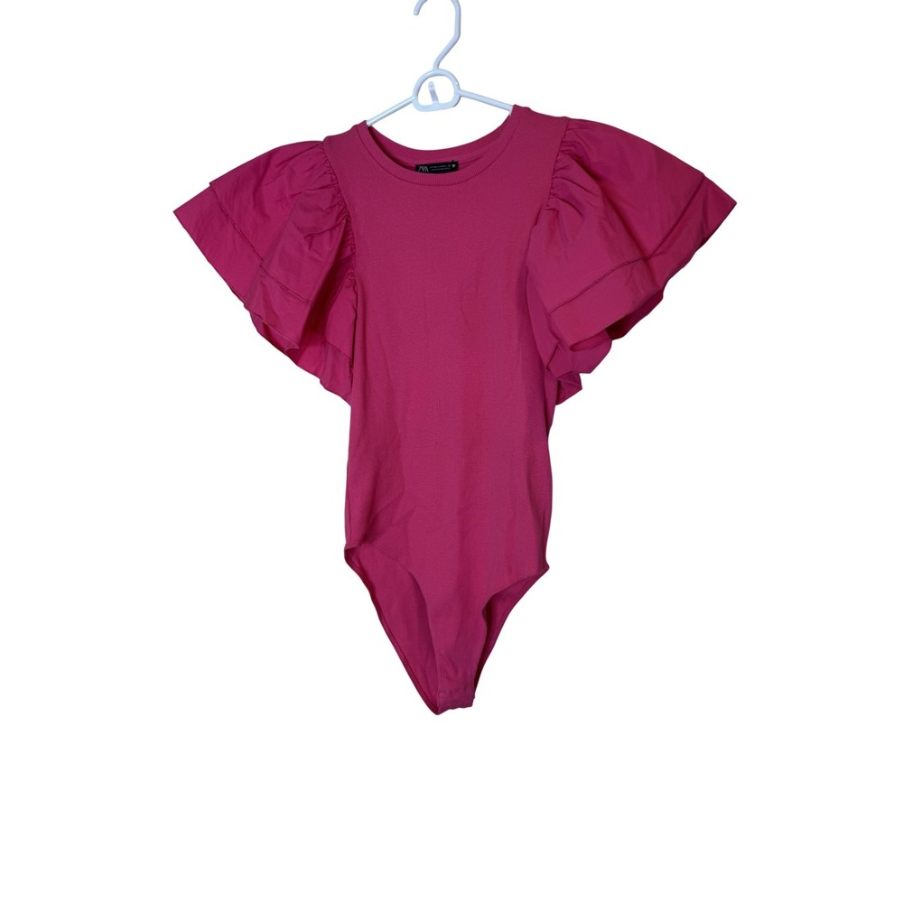 ZARA Bodysuit Womens Medium Pink Ruffle‎ Flutter Sleeve Jersey One Piece